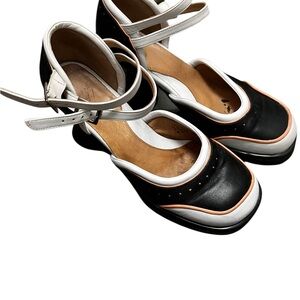 John Fluevog Black and White Mary Jane Shoes with Strap